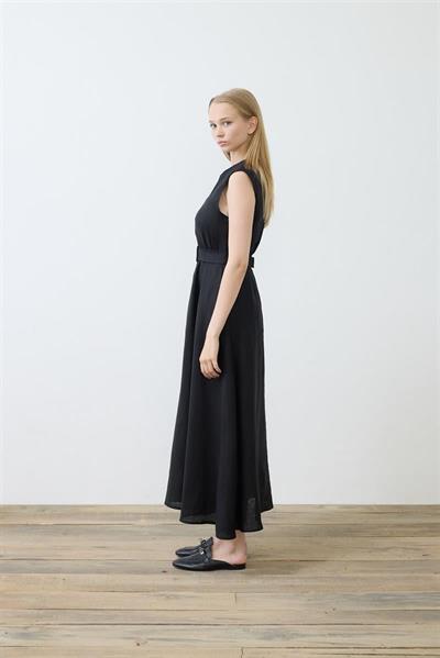 NATURAL 100% LINEN SLEEVELESS FLARED DRESS BLACK