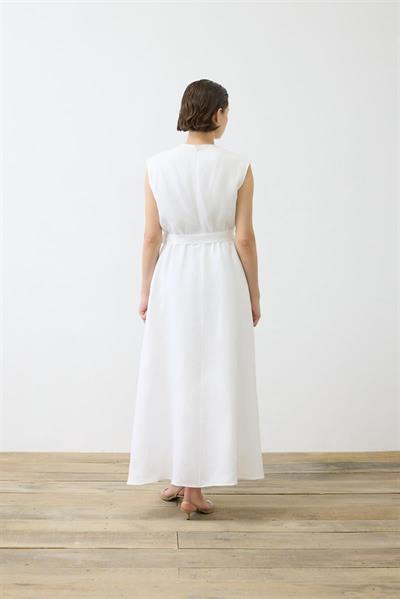 NATURAL 100% LINEN SLEEVELESS FLARED DRESS ECRU