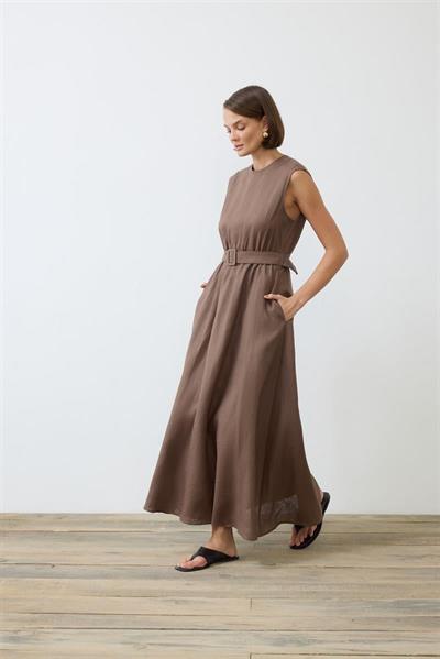 NATURAL 100% LINEN SLEEVELESS FLARED DRESS TAUPE