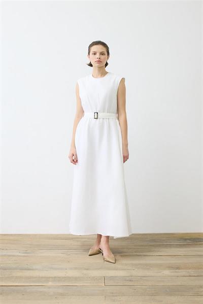 NATURAL 100% LINEN SLEEVELESS FLARED DRESS ECRU