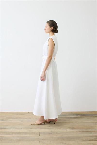 NATURAL 100% LINEN SLEEVELESS FLARED DRESS ECRU