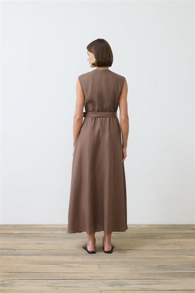 NATURAL 100% LINEN SLEEVELESS FLARED DRESS TAUPE