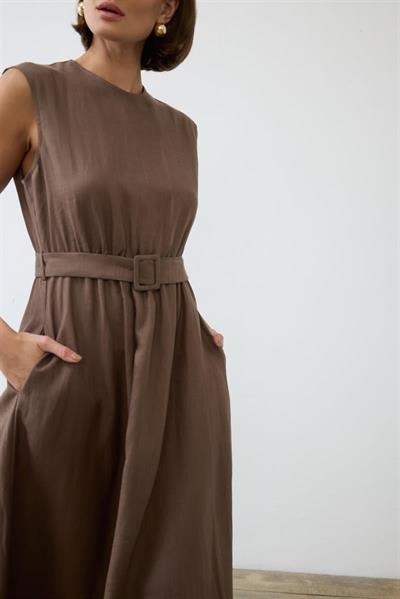 NATURAL 100% LINEN SLEEVELESS FLARED DRESS TAUPE