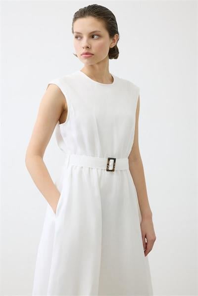 NATURAL 100% LINEN SLEEVELESS FLARED DRESS ECRU