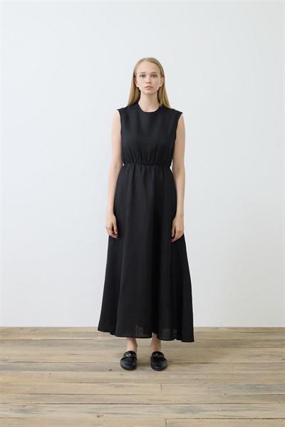 NATURAL 100% LINEN SLEEVELESS FLARED DRESS BLACK