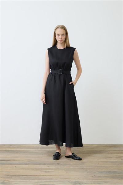 NATURAL 100% LINEN SLEEVELESS FLARED DRESS BLACK