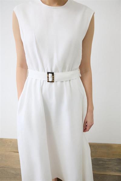 NATURAL 100% LINEN SLEEVELESS FLARED DRESS ECRU