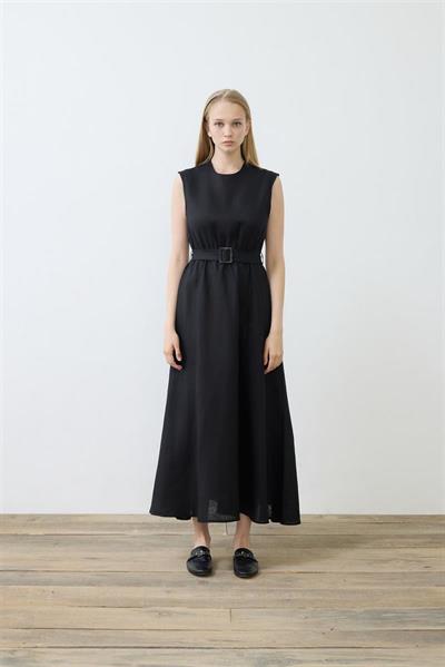 NATURAL 100% LINEN SLEEVELESS FLARED DRESS BLACK