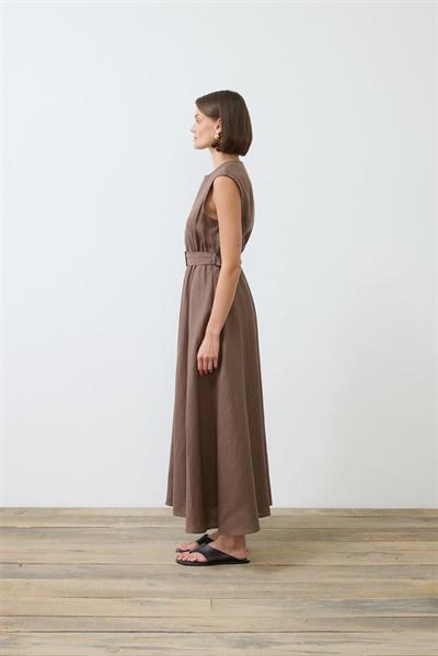 NATURAL 100% LINEN SLEEVELESS FLARED DRESS TAUPE