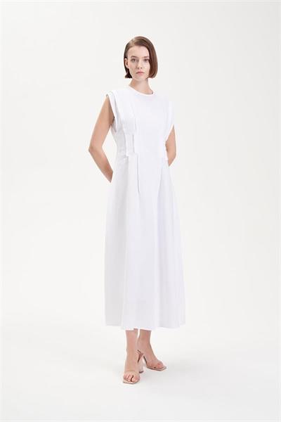 NATURAL 100% LINEN STITCH DETAILED SLEEVELESS DRESS WHITE