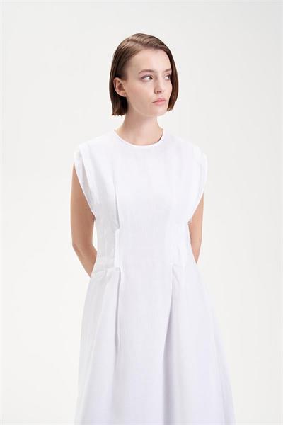 NATURAL 100% LINEN STITCH DETAILED SLEEVELESS DRESS WHITE
