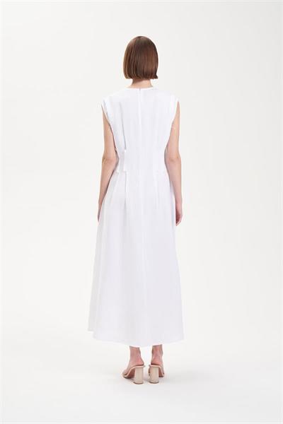 NATURAL 100% LINEN STITCH DETAILED SLEEVELESS DRESS WHITE