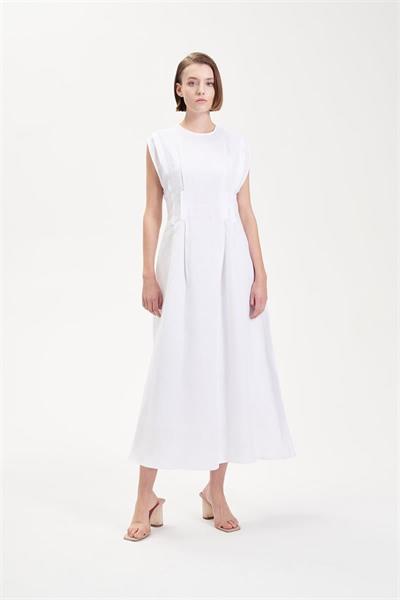 NATURAL 100% LINEN STITCH DETAILED SLEEVELESS DRESS WHITE
