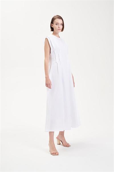 NATURAL 100% LINEN STITCH DETAILED SLEEVELESS DRESS WHITE