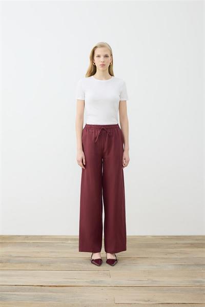 NATURAL 100% LINEN WIDE LEG PANTS BURGUNDY