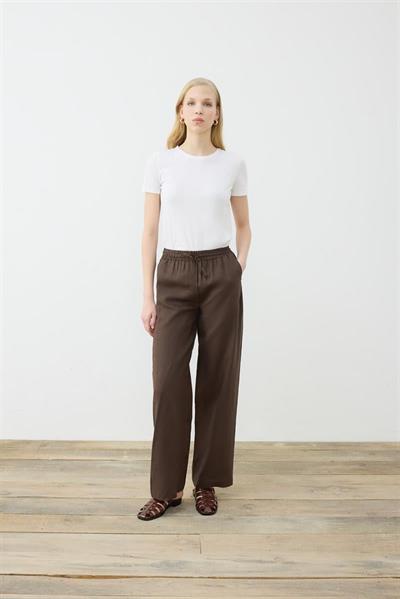 NATURAL 100% LINEN WIDE LEG PANTS DARK BROWN