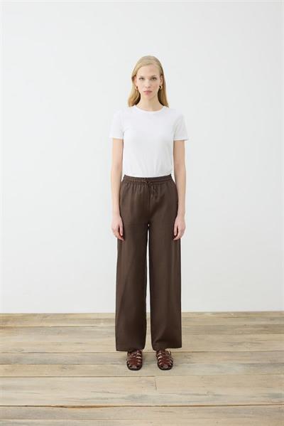 NATURAL 100% LINEN WIDE LEG PANTS DARK BROWN