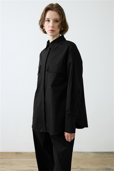 NOVA PAPER TOUCH COTTON SHIRT WITH POCKETS BLACK