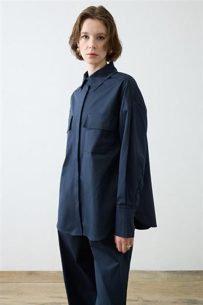 NOVA PAPER TOUCH COTTON SHIRT WITH POCKETS NAVY BLUE
