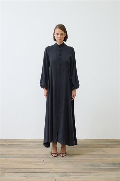 PRIME WASHED SILK BUTTONED BELT DRESS BLACK