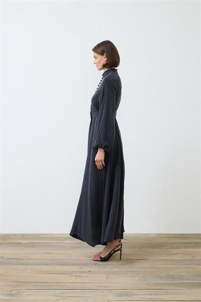 PRIME WASHED SILK BUTTONED BELT DRESS BLACK