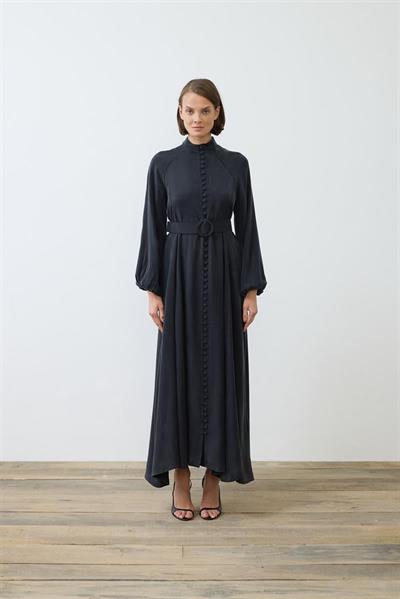 PRIME WASHED SILK BUTTONED BELT DRESS BLACK
