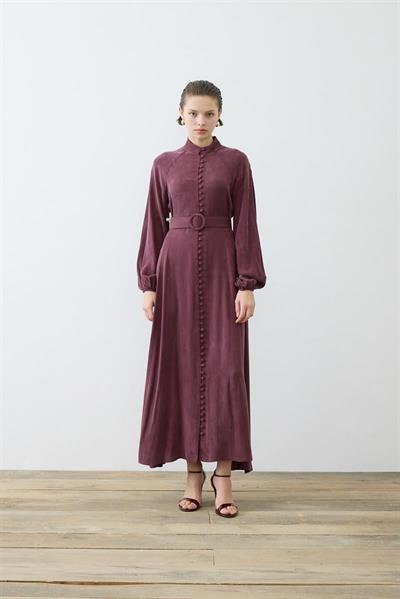 PRIME WASHED SILK BUTTONED BELT DRESS BURGUNDY