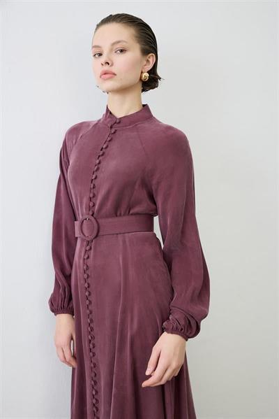 PRIME WASHED SILK BUTTONED BELT DRESS BURGUNDY