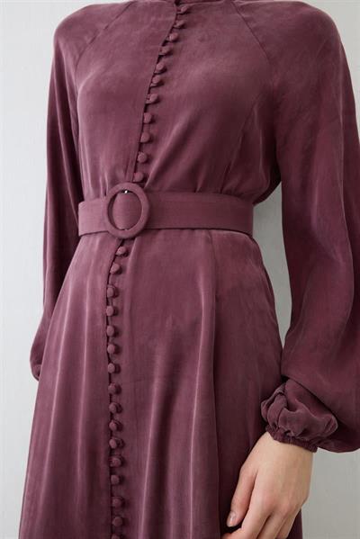 PRIME WASHED SILK BUTTONED BELT DRESS BURGUNDY