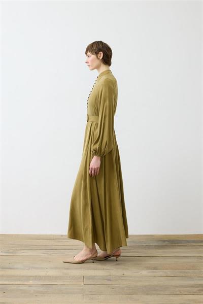 PRIME WASHED SILK BUTTONED BELT DRESS GREEN