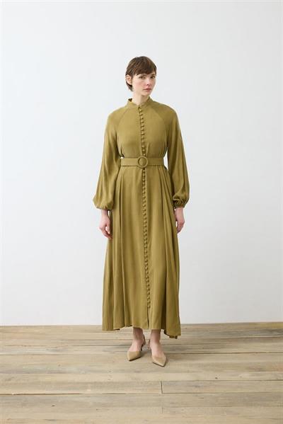 PRIME WASHED SILK BUTTONED BELT DRESS GREEN