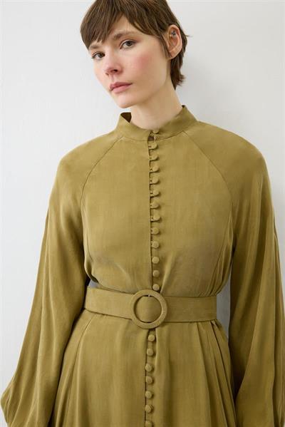 PRIME WASHED SILK BUTTONED BELT DRESS GREEN