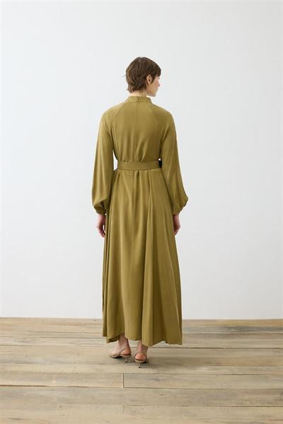 PRIME WASHED SILK BUTTONED BELT DRESS GREEN
