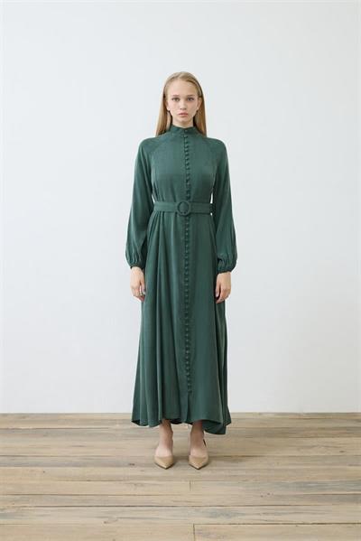 PRIME WASHED SILK BUTTONED BELT DRESS KHAKI