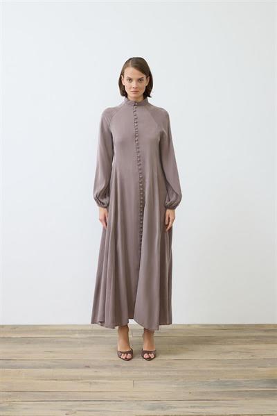 PRIME WASHED SILK BUTTONED BELT DRESS TAUPE