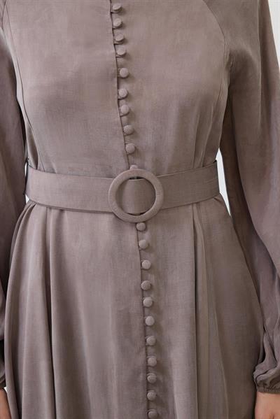 PRIME WASHED SILK BUTTONED BELT DRESS TAUPE