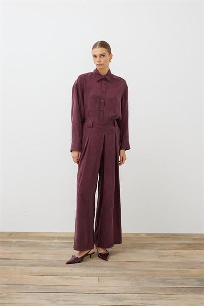 PRIME WASHED SILK PLEATED PANTS SHIRT SET BURGUNDY