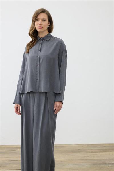 PRIME WASHED SILK PLEATED PANTS SHIRT SET ANTHRACITE