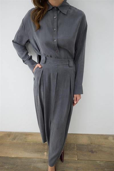 PRIME WASHED SILK PLEATED PANTS SHIRT SET ANTHRACITE