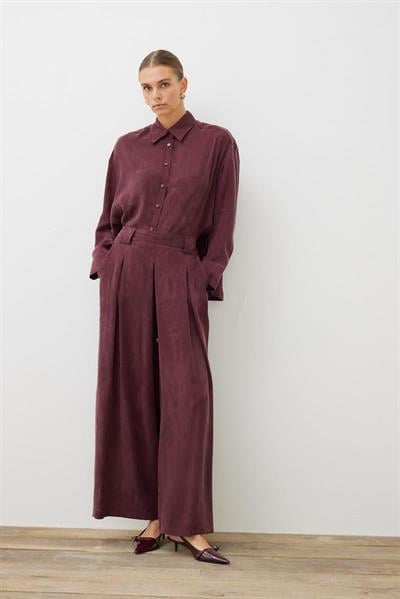 PRIME WASHED SILK PLEATED PANTS SHIRT SET BURGUNDY