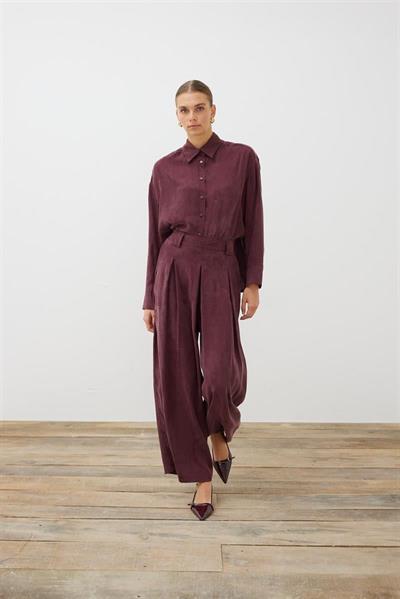 PRIME WASHED SILK PLEATED PANTS SHIRT SET BURGUNDY