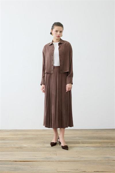 PRIME WASHED SILK PLEATED SKIRT BROWN