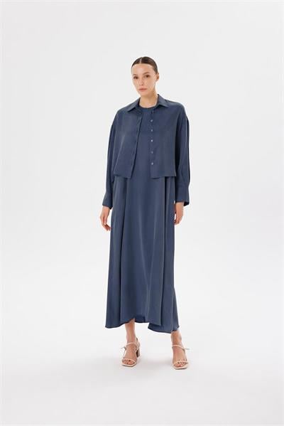 PRIME WASHED SILK SLEEVELESS SHIRT SET NAVY BLUE