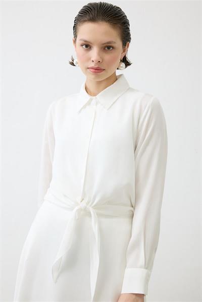 PRIME WASHED SILK TIED SHIRT SKIRT SET ECRU