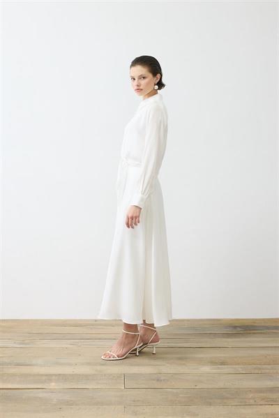 PRIME WASHED SILK TIED SHIRT SKIRT SET ECRU