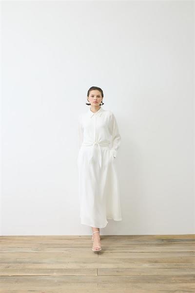 PRIME WASHED SILK TIED SHIRT SKIRT SET ECRU