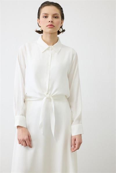 PRIME WASHED SILK TIED SHIRT SKIRT SET ECRU