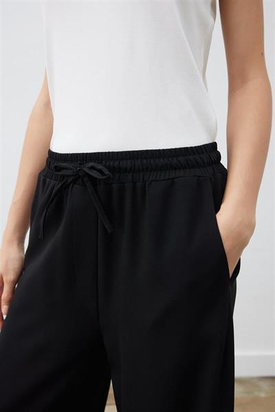 RINA CREPE ELASTIC WAIST WIDE PANTS BLACK