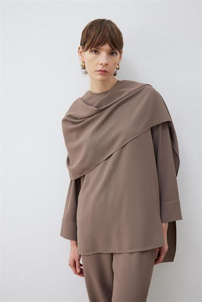 RINA CREPE SCARF DETAILED BLOUSE TAUPE