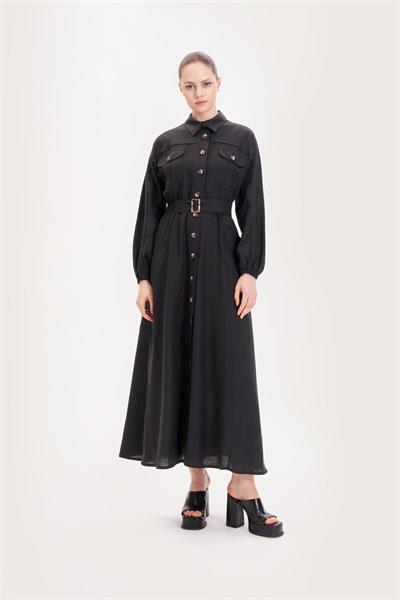 RIVA 100% LINEN BELTED DRESS BLACK